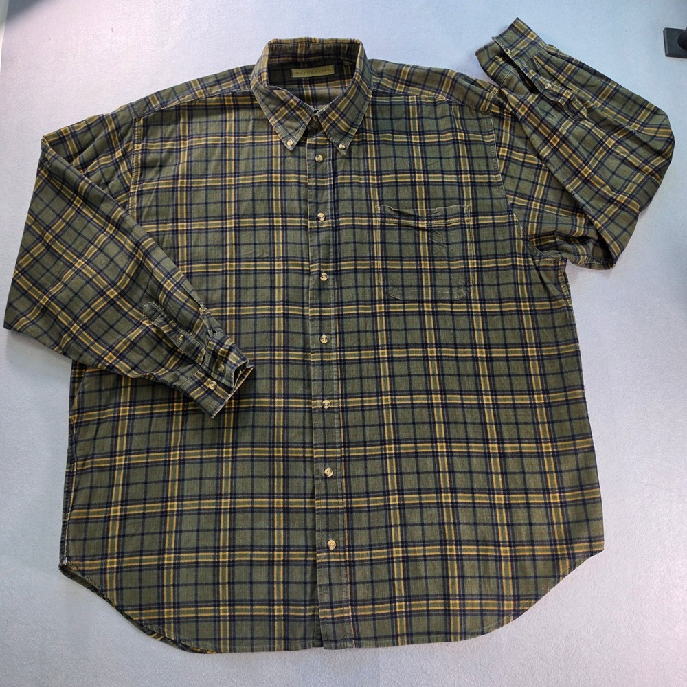 Naturalife Mens XXL Corduroy Plaid Button Down Shirt Olive Green Long Sleeve